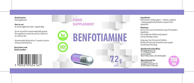 Vitamin B1, 250mg, 120 capsules, DG Supplements (Benfotiamine)