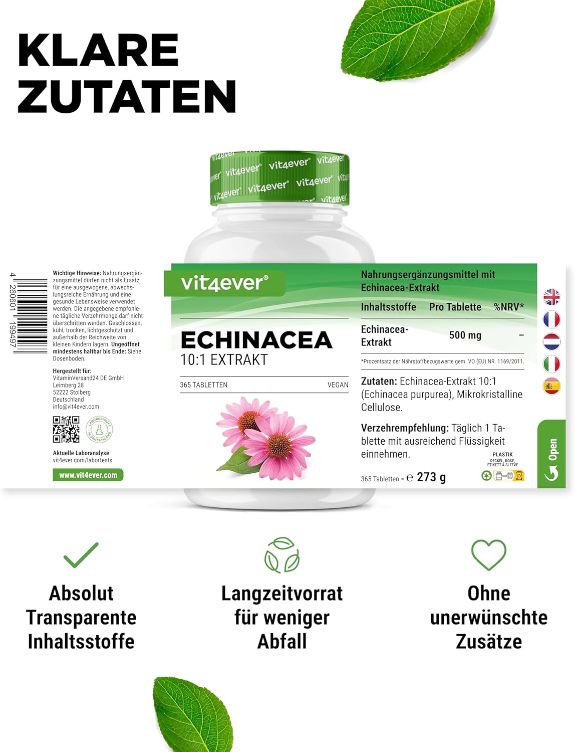 Echinacea 500mg, 365 capsules, Vit4ever (Replaces Urte-pensil)