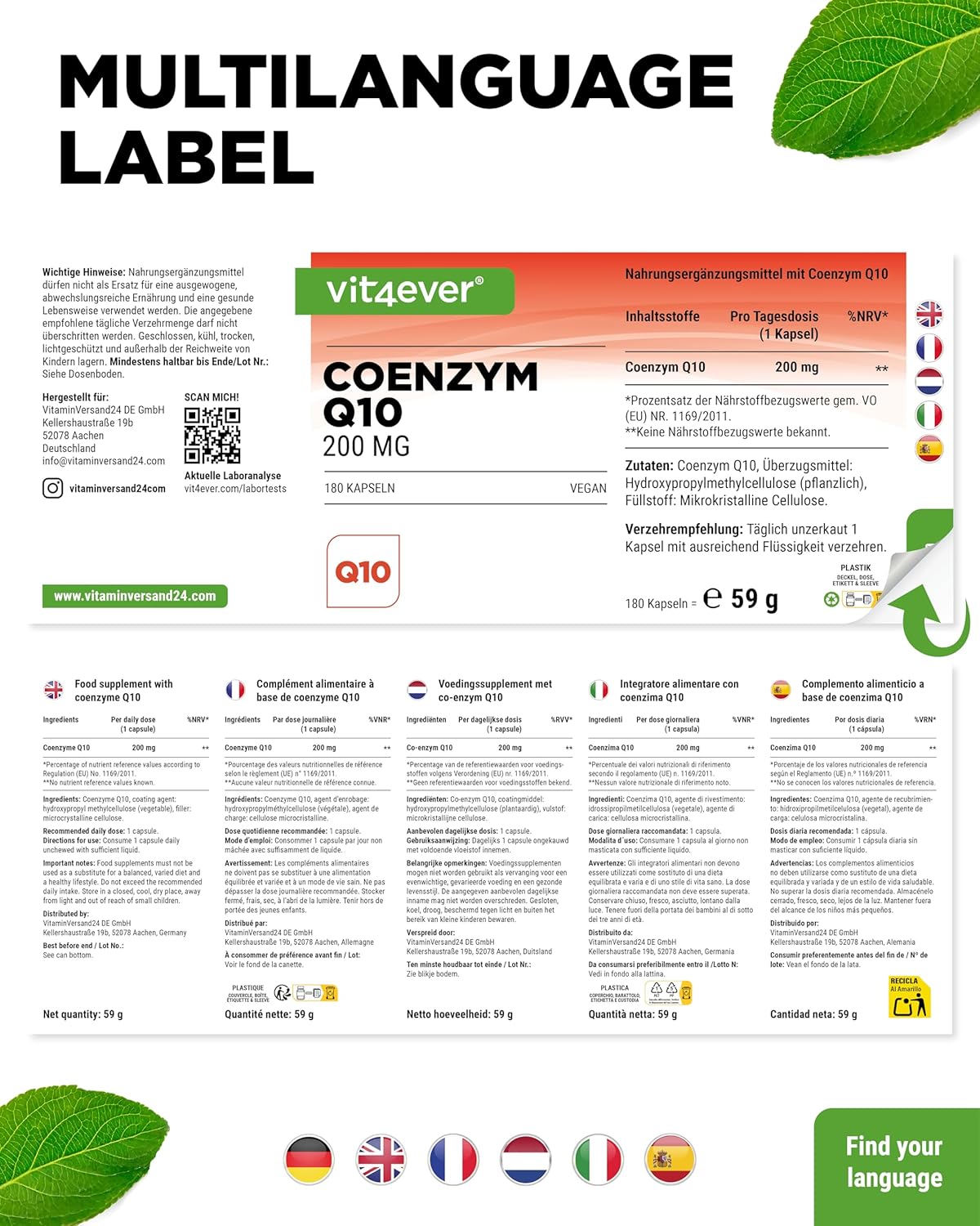 Coenzym Q10, 250 mg, 180 Kapseln, vit4ever