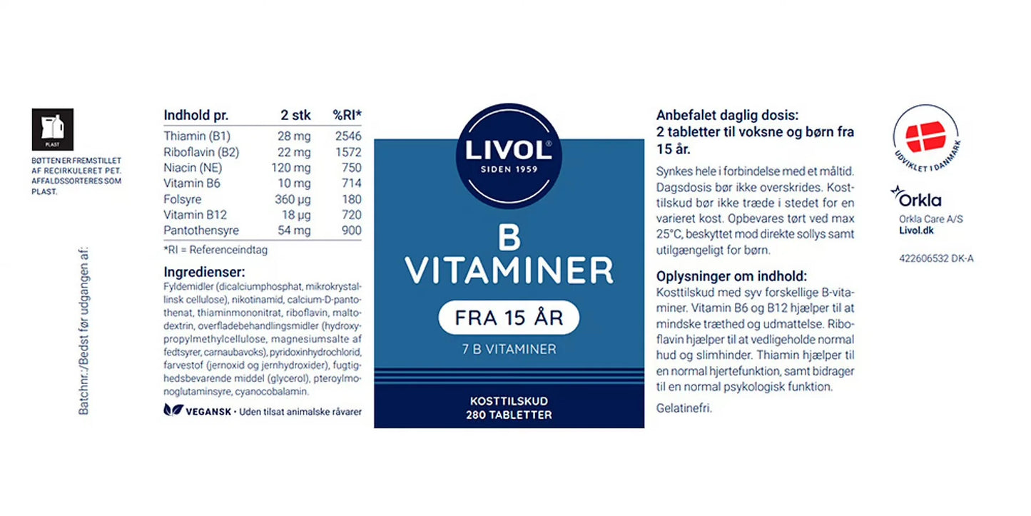 B-Vitamin B-complex, 7 B vitamins, 280 tablets, Livol