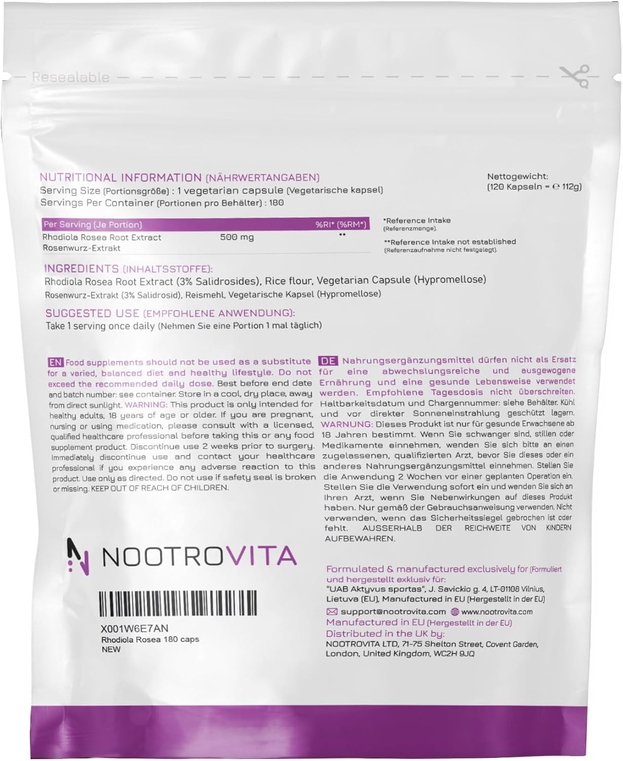 Rhodiola Rosea, 500 mg, 180 capsules, Nootrovita