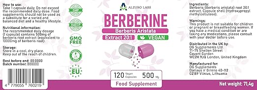 Berberine, 500 mg, 120 capsules, Alzuro Labs