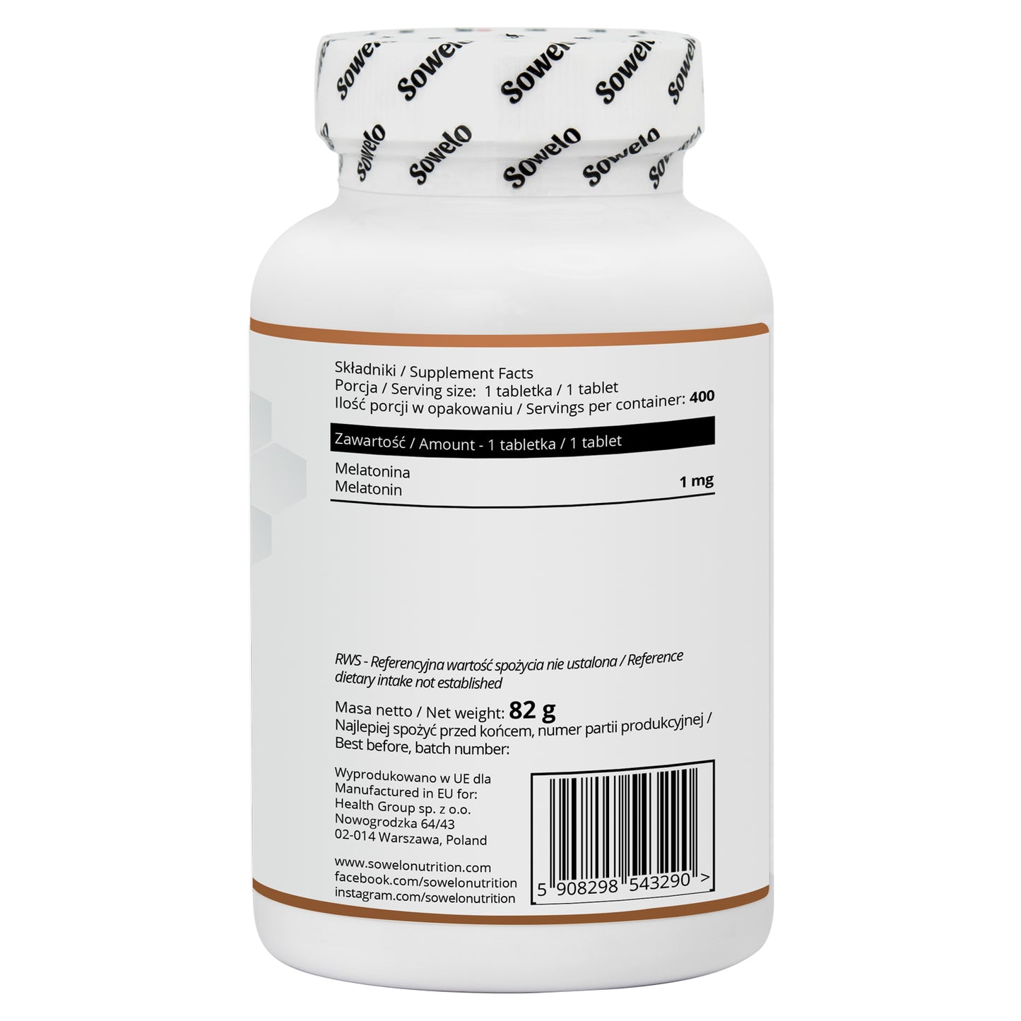 Melatonin, Melatonin 1 mg. 400 tabletter, Sowelo