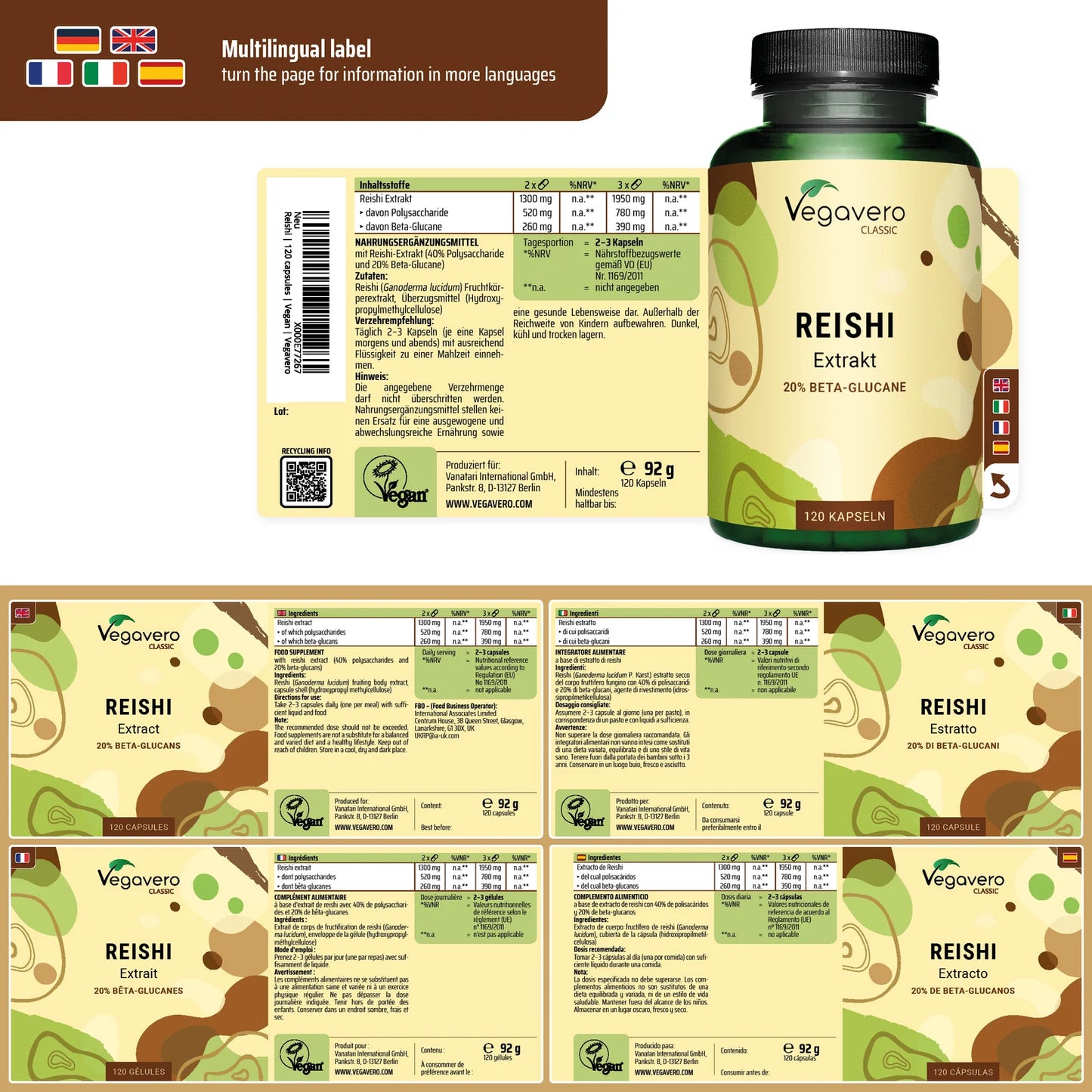 Reishi Mushroom Extract 650 mg, 120 Capsules, Vegavero