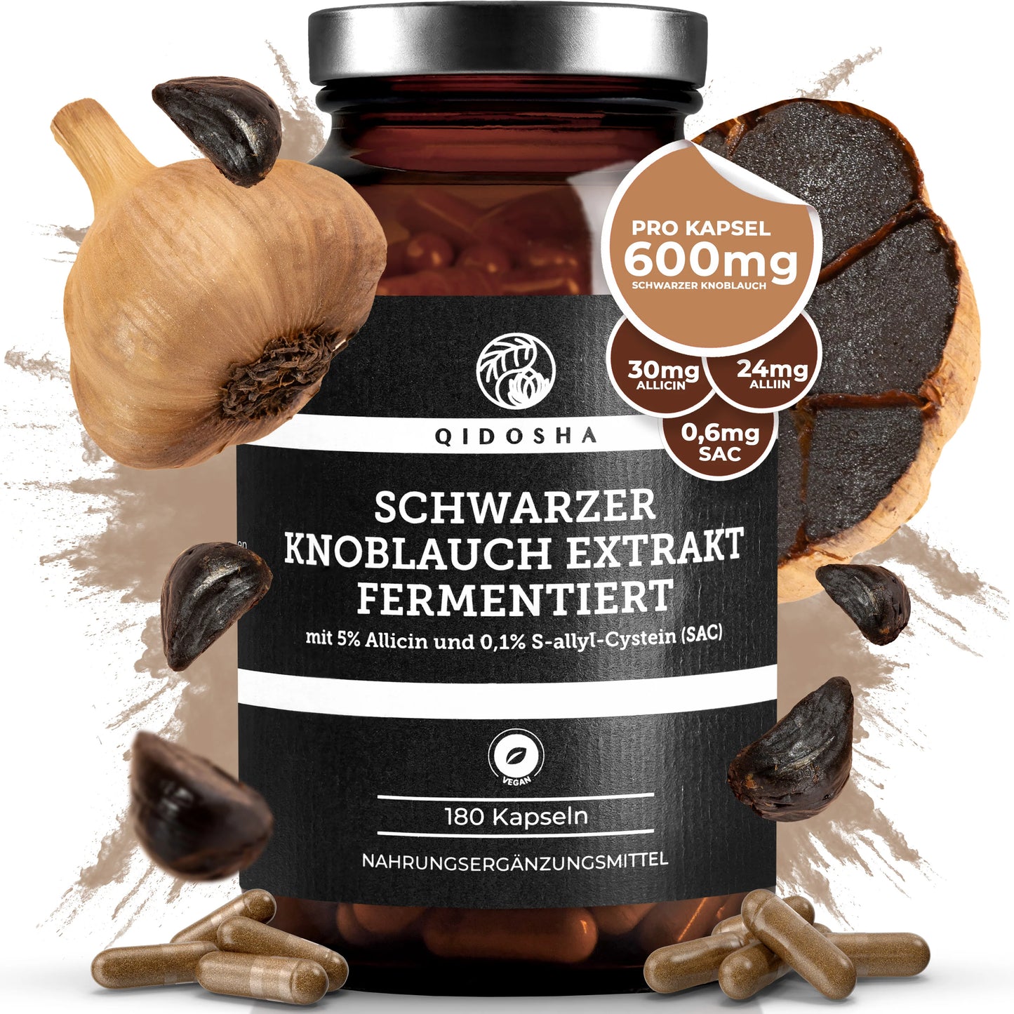 Sort hvidløgsekstrakt, 180 kapsler med 600 mg, 0,6 mg SaC, Qidosha