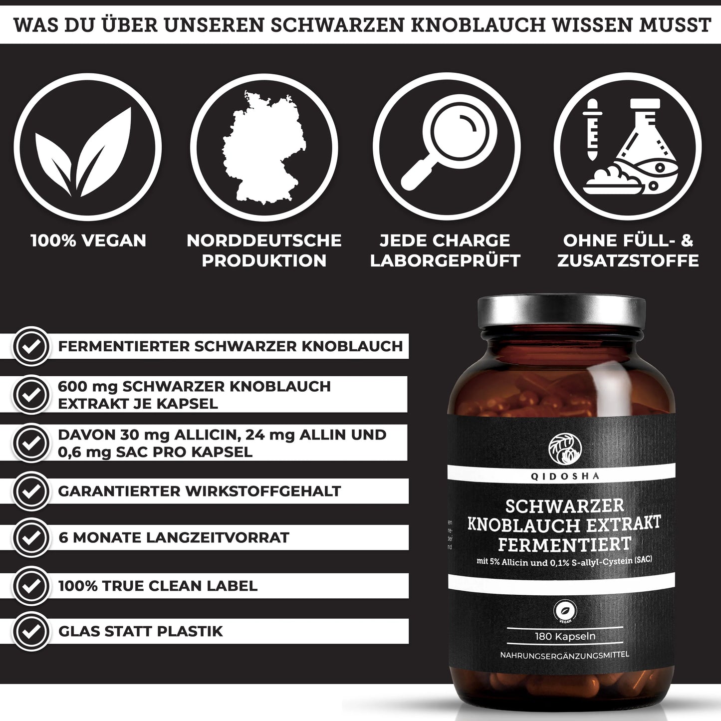Sort hvidløgsekstrakt, 180 kapsler med 600 mg, 0,6 mg SaC, Qidosha
