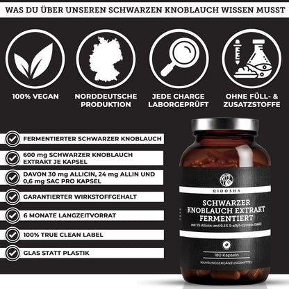 Sort hvidløgsekstrakt, 180 kapsler med 600 mg, 0,6 mg SaC, Qidosha
