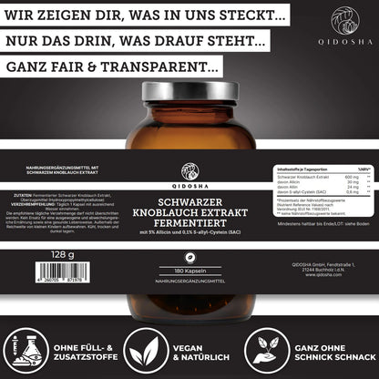 Sort hvidløgsekstrakt, 180 kapsler med 600 mg, 0,6 mg SaC, Qidosha