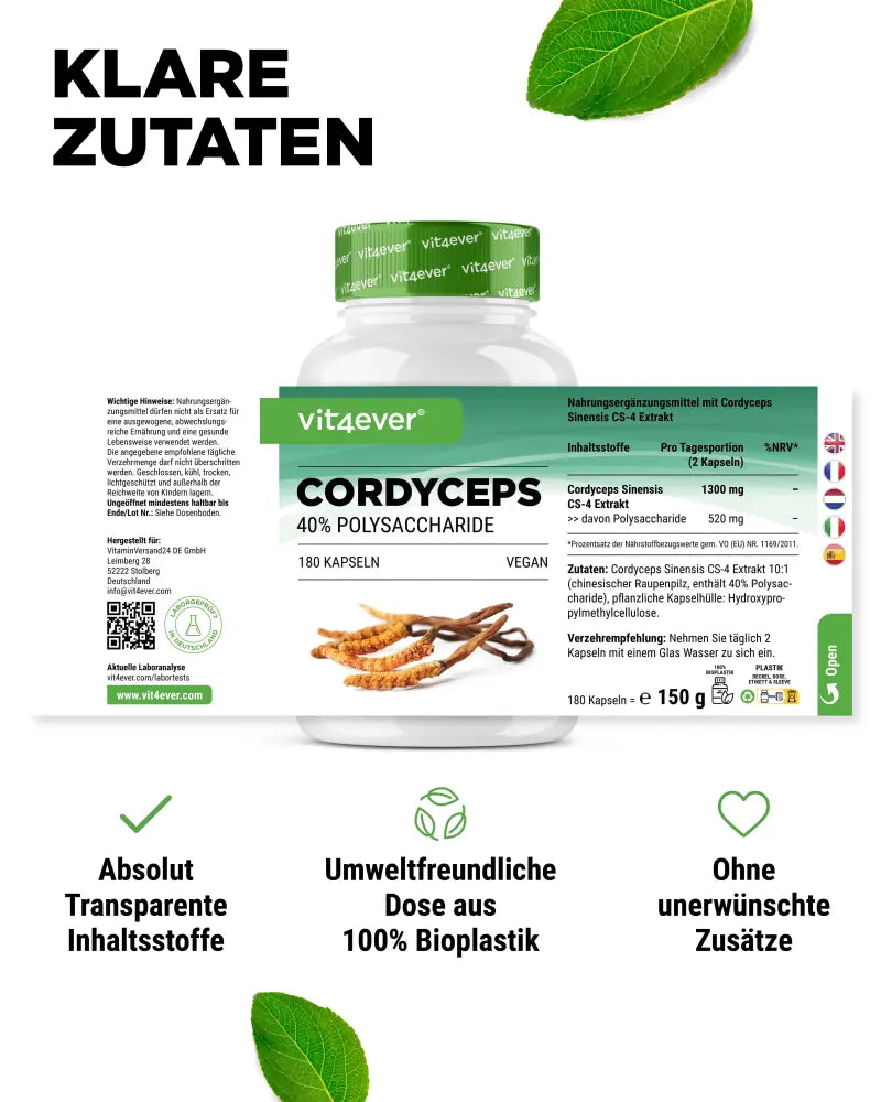 Cordyceps Intenso mushroom extract, 650 mg, 40% polysaccharides, 180 capsules, Vit4ever