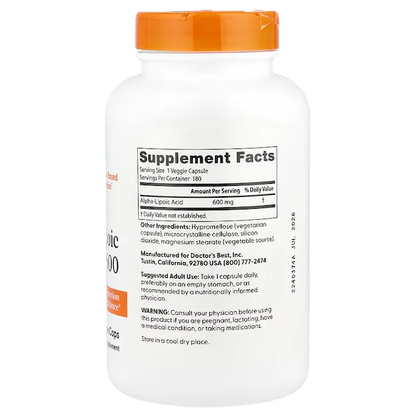 Alpha-Lipoic Acid (ALA), 600 mg, 180 capsules, Doctor's Best (alpha)